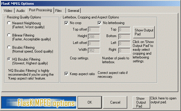 FlasKMPEG Post Processing Options